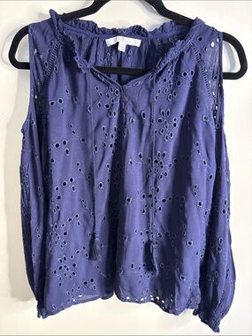 Fever Navy Eyelet Cold-Shoulder Blouse with Tassel Tie